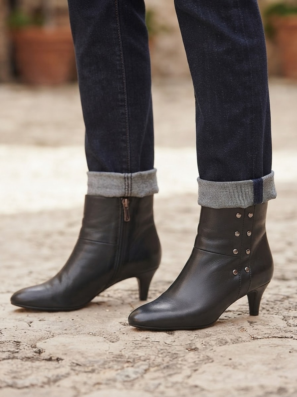 Tahari Black Leather Ankle Boots with Stud Accents